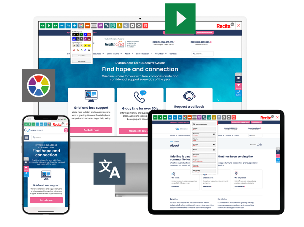 Mock-up of the Recite Me toolbar being used on the Griefline website