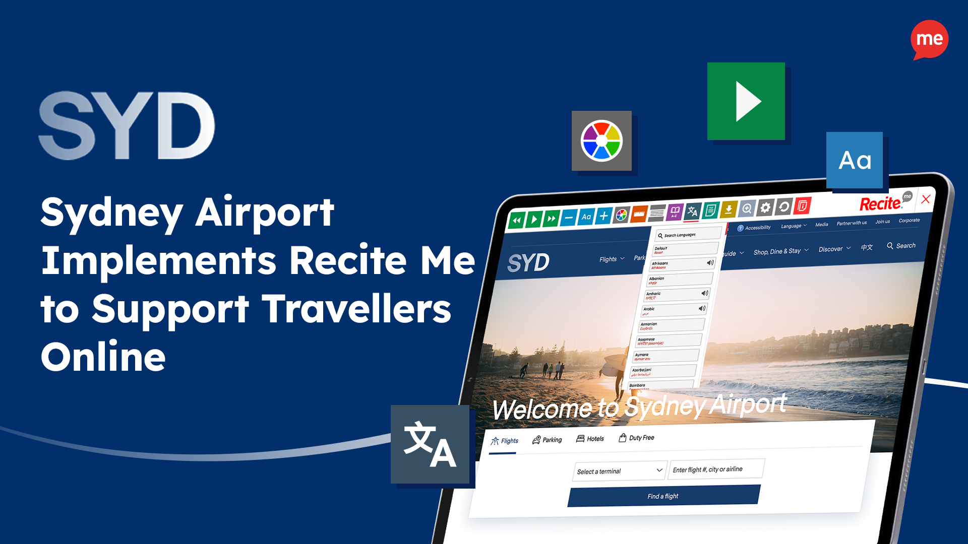 Sydney Airport Implements Recite Me to Support Travellers Online. Mock-up of Recite Me on Sydney Airport website.