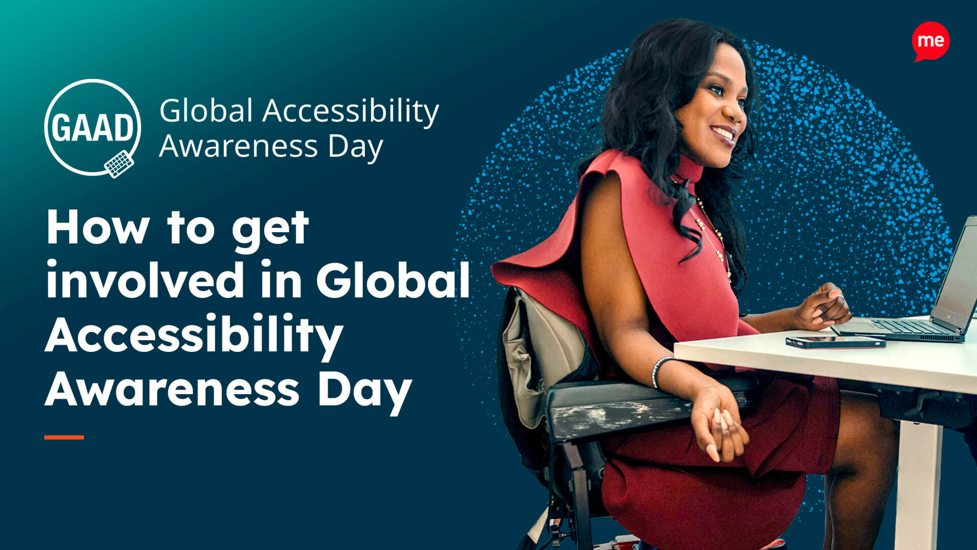 Title reads 'How to get involved in Global Accessibility Awareness Day' Image shows person working at a desk on a laptop.