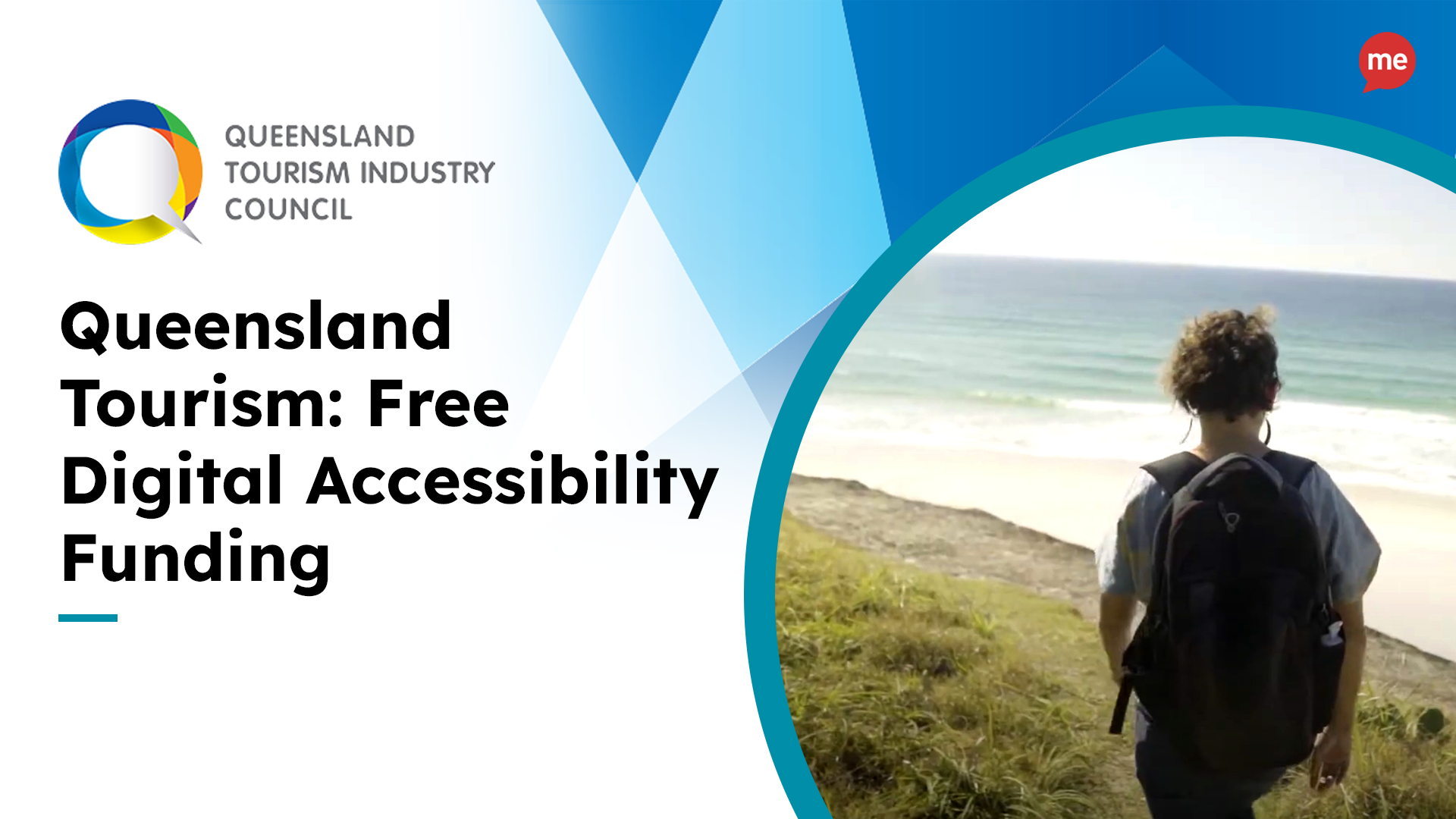 Title reads 'Queensland Tourism: Free Digital Accessibility Funding' Image shows person looking out at ocean.