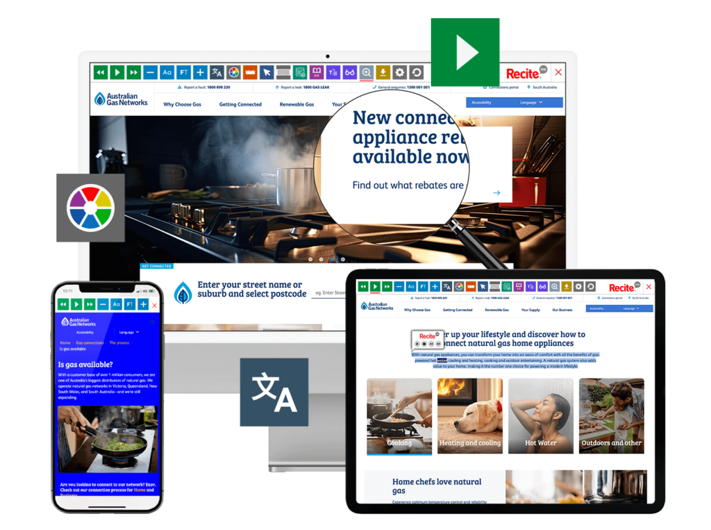 Mock-up of the Recite Me Toolbar being used on the AGIG website.