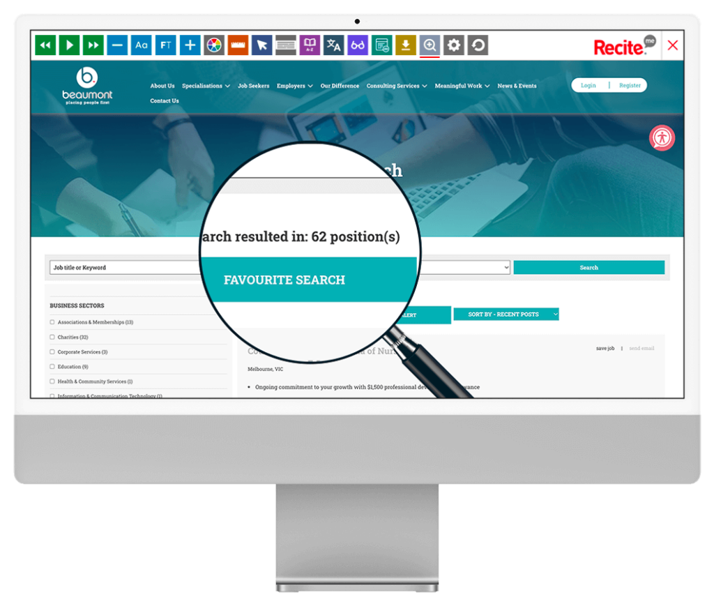 Mock-up of the Recite Me Toolbar being used on the Beaumont People website.