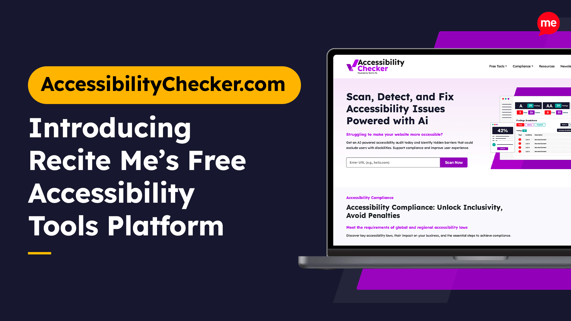 Graphic headline reads, 'Introducing Recite Me's Free Accessibility Tools Platform'. Image shows a graphic of AC.com