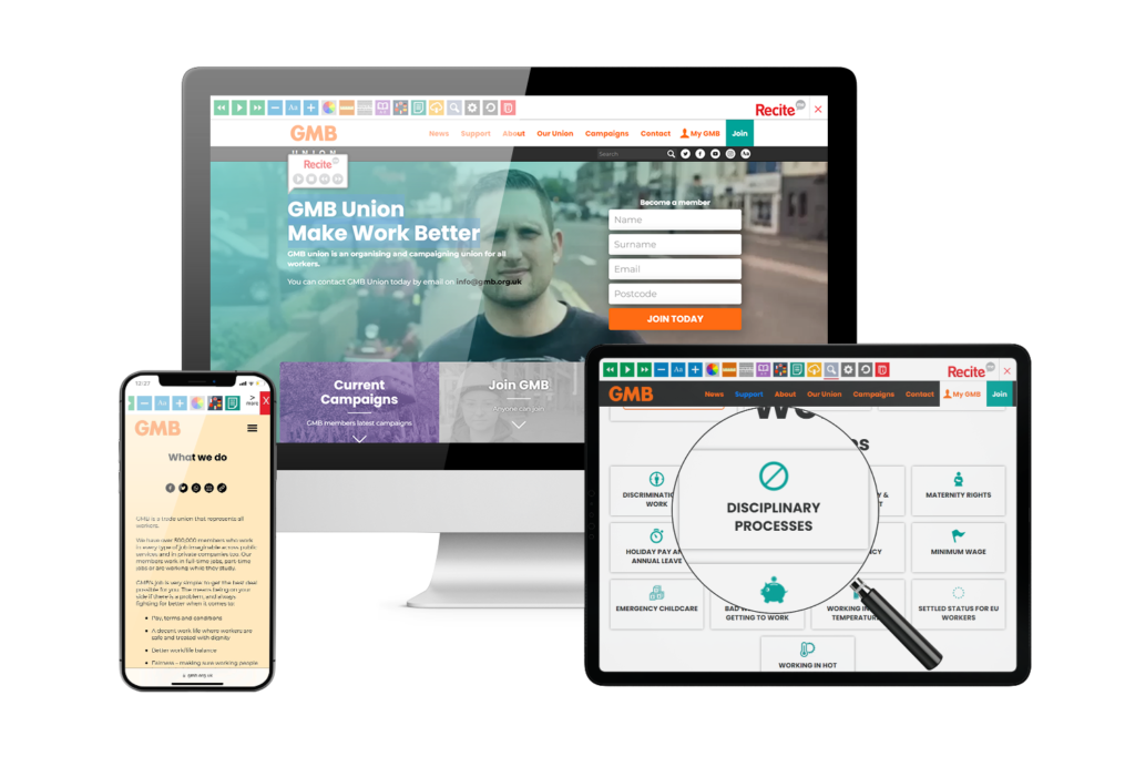 Desktop, mobile and tablet with GMB website using the Recite Me assistive toolbar
