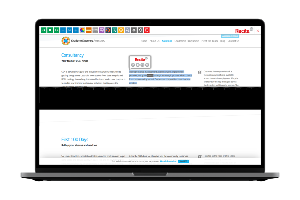 Laptop with Charlotte Sweeney Associates website using the Recite Me assistive toolbar