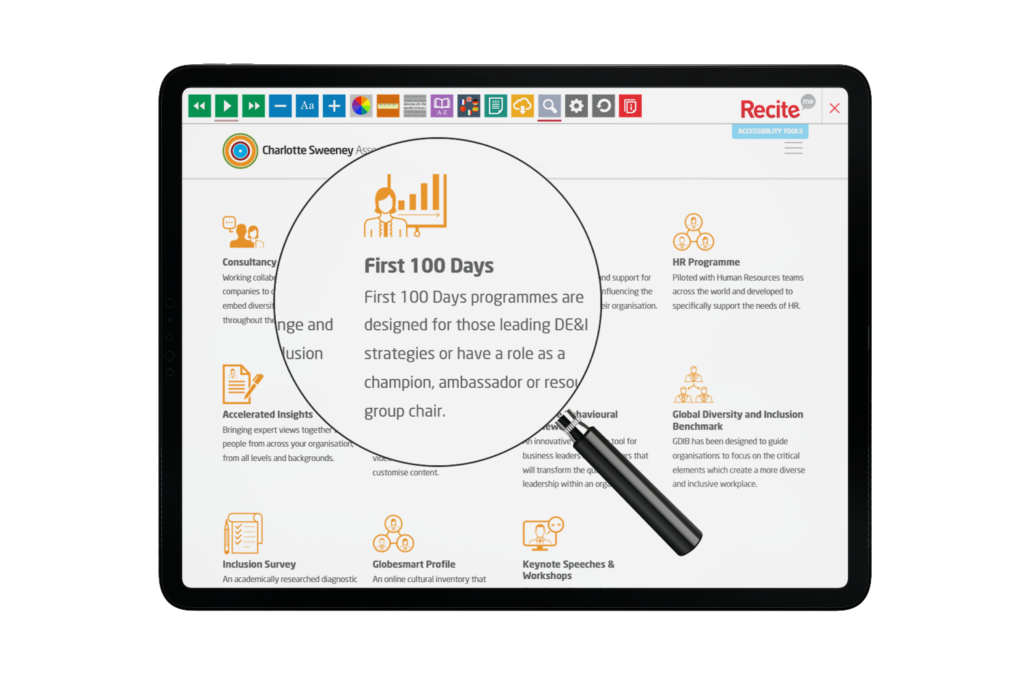 Tablet with Charlotte Sweeney Associates website using the Recite Me assistive toolbar