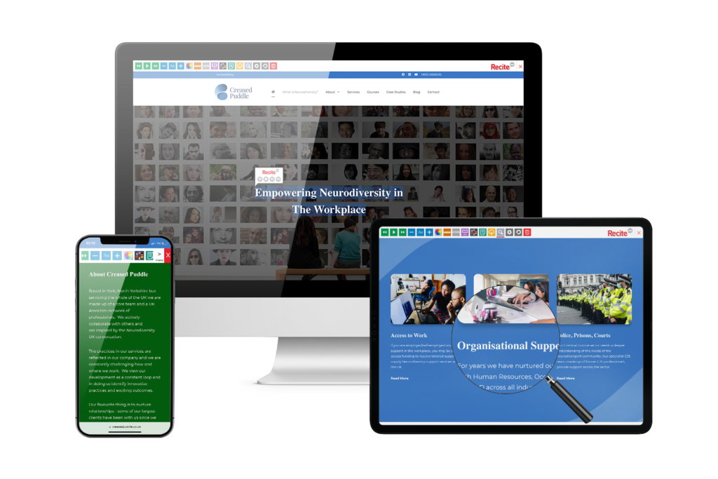 Desktop, mobile and tablet with Creased Puddle website using the Recite Me assistive toolbar