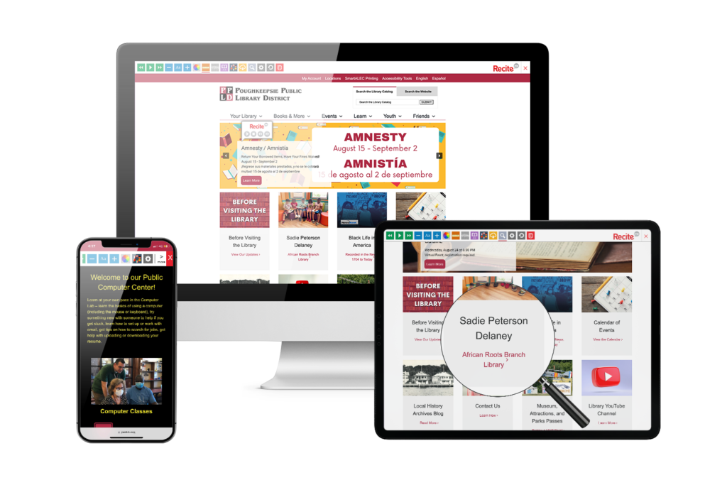 Desktop, mobile and tablet with Poughkeepsie Public Library District website using the Recite Me assistive toolbar