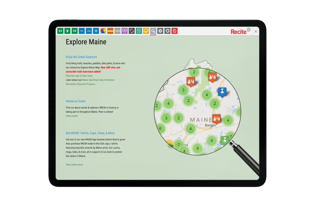 Tablet with Natural Resources Council of Maine website using the Recite Me assistive toolbar