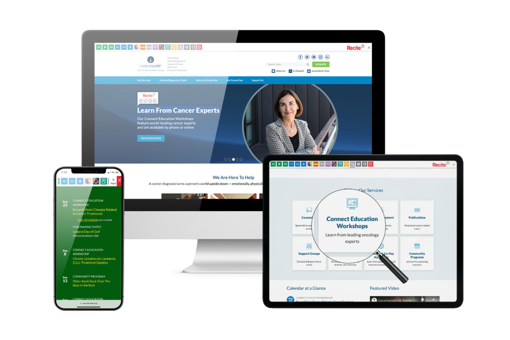 Desktop, mobile and tablet with Cancer Care website using the Recite Me assistive toolbar