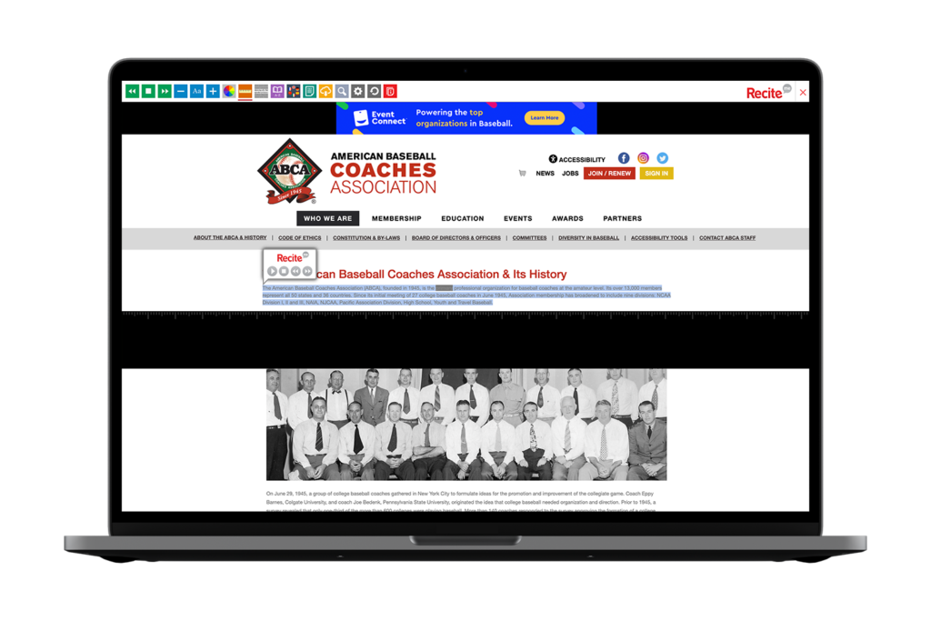 Laptop with American Baseball Coaches Association website using the Recite Me assistive toolbar
