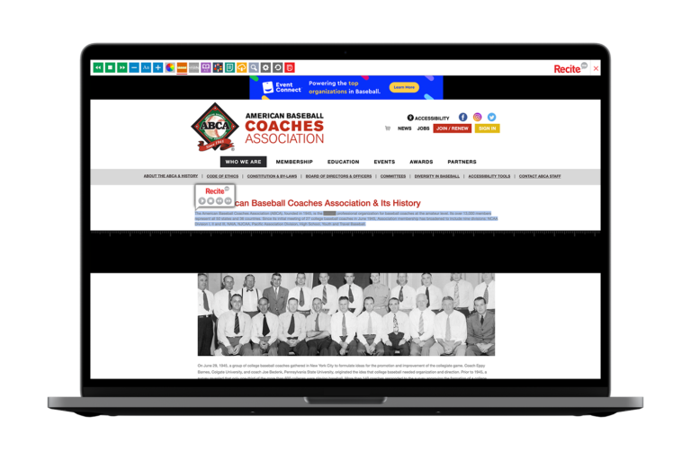 Laptop with American Baseball Coaches Association website using the Recite Me assistive toolbar