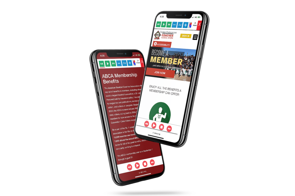 Mobiles with American Baseball Coaches Association website using the Recite Me assistive toolbar