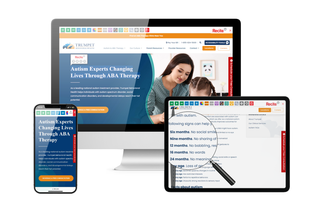 Desktop, mobile and tablet with Trumpet Behavioral Health website using the Recite Me assistive toolbar