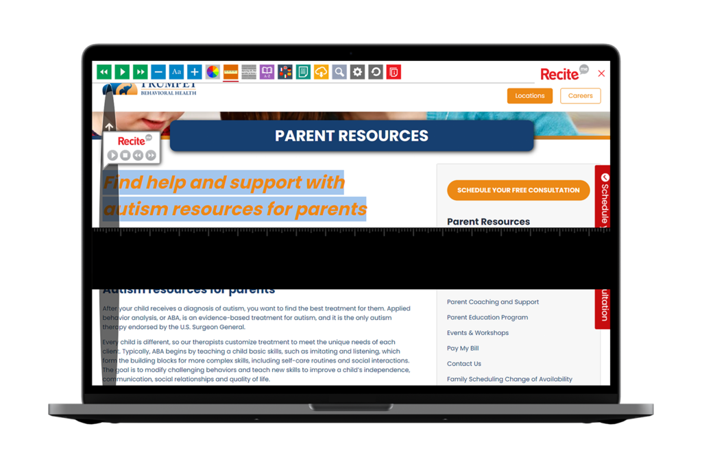 Laptop with Trumpet Behavioral Health website using the Recite Me assistive toolbar