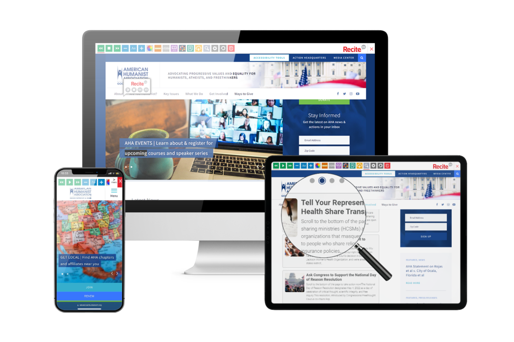 Desktop, mobile and tablet with American Humanist Association website using the Recite Me assistive toolbar