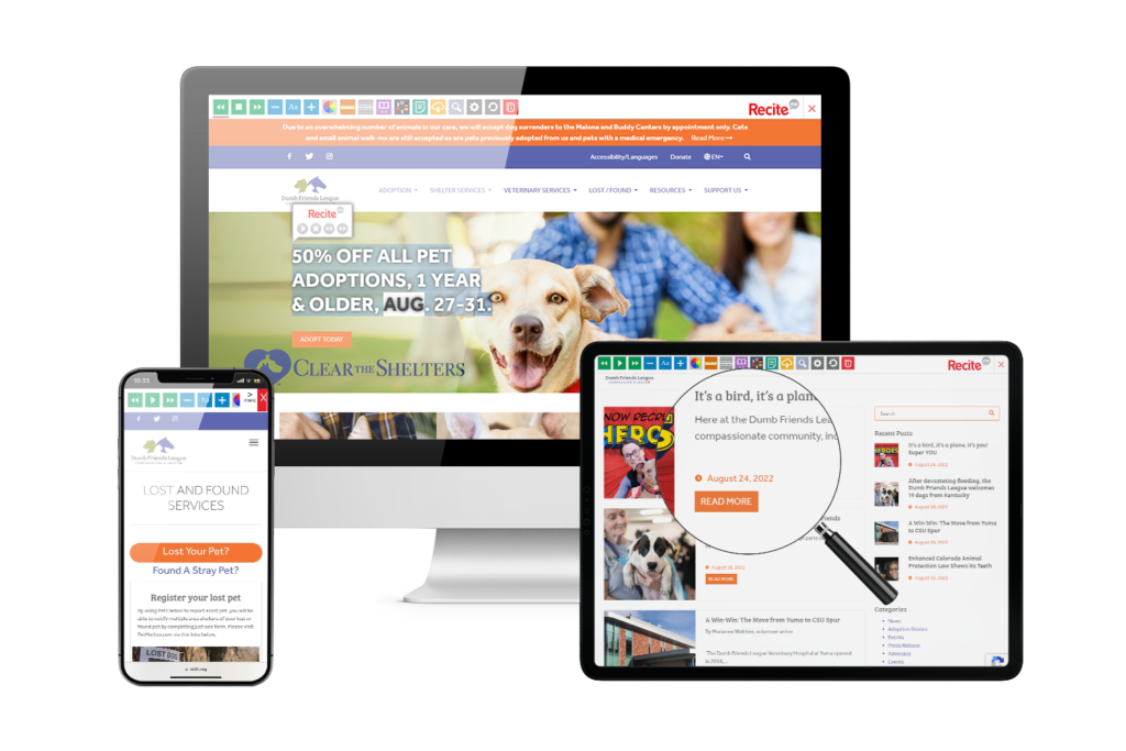 Desktop, mobile and tablet with Dumb Friends League website using the Recite Me assistive toolbar