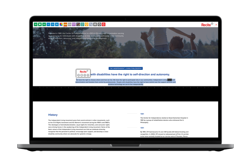Laptop with Center for Independence website using the Recite Me assistive toolbar