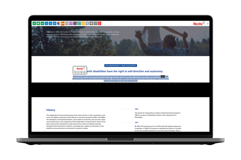 Laptop with Center for Independence website using the Recite Me assistive toolbar