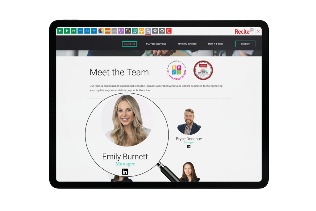 Tablet with hyrUP website using the Recite Me assistive toolbar
