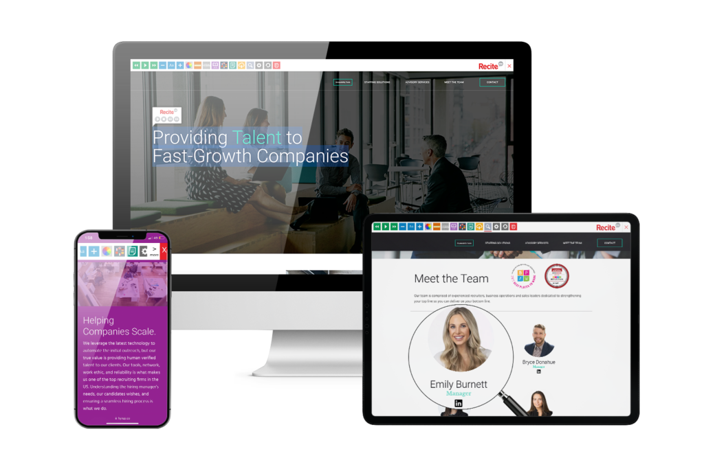Desktop, mobile and tablet with hyrUP website using the Recite Me assistive toolbar