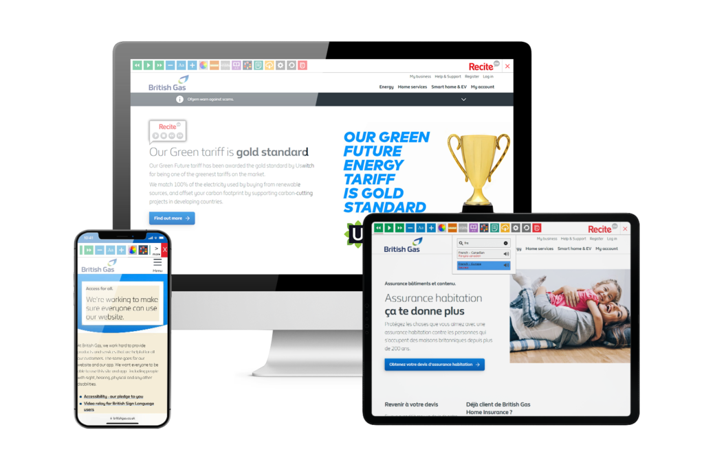 Desktop, mobile and tablet of British Gas website using the Rectie Me assistive toolbar