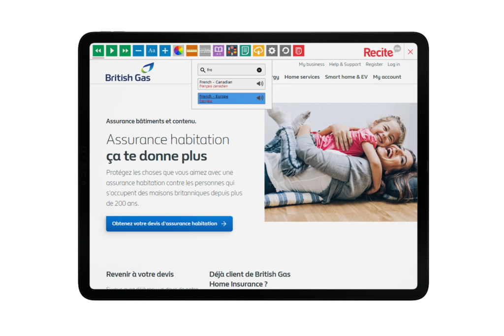 Tablet with British Gas website using the Recite Me toolbar