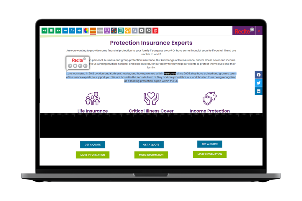 Laptop with Cura website using the Recite Me assistive toolbar