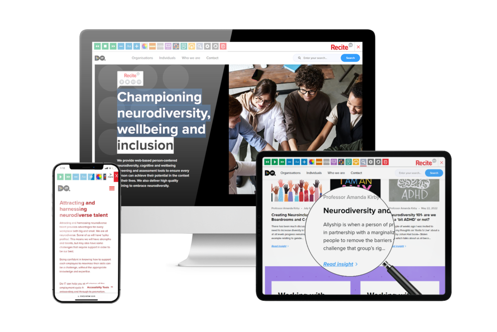 Desktop, mobile and tablet with Do It Profiler website using the Recite Me assistive toolbar