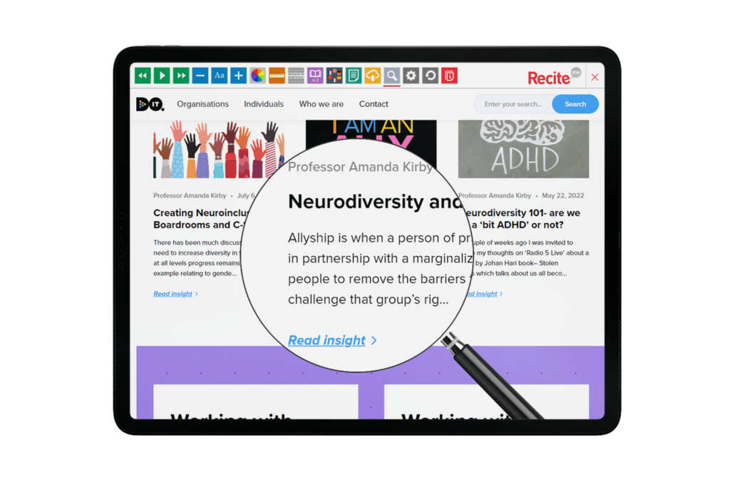 Tablet with Do It Profiler website using the Recite Me assistive toolbar