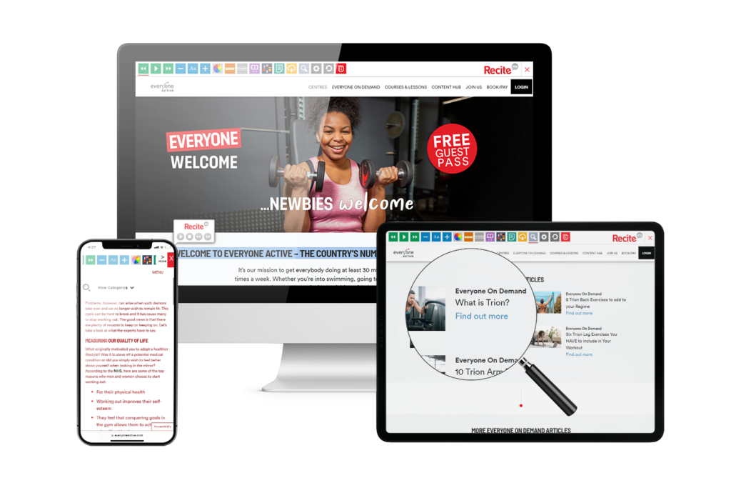 Desktop, mobile and tablet with Everyone Active website using the Recite Me assistive toolbar