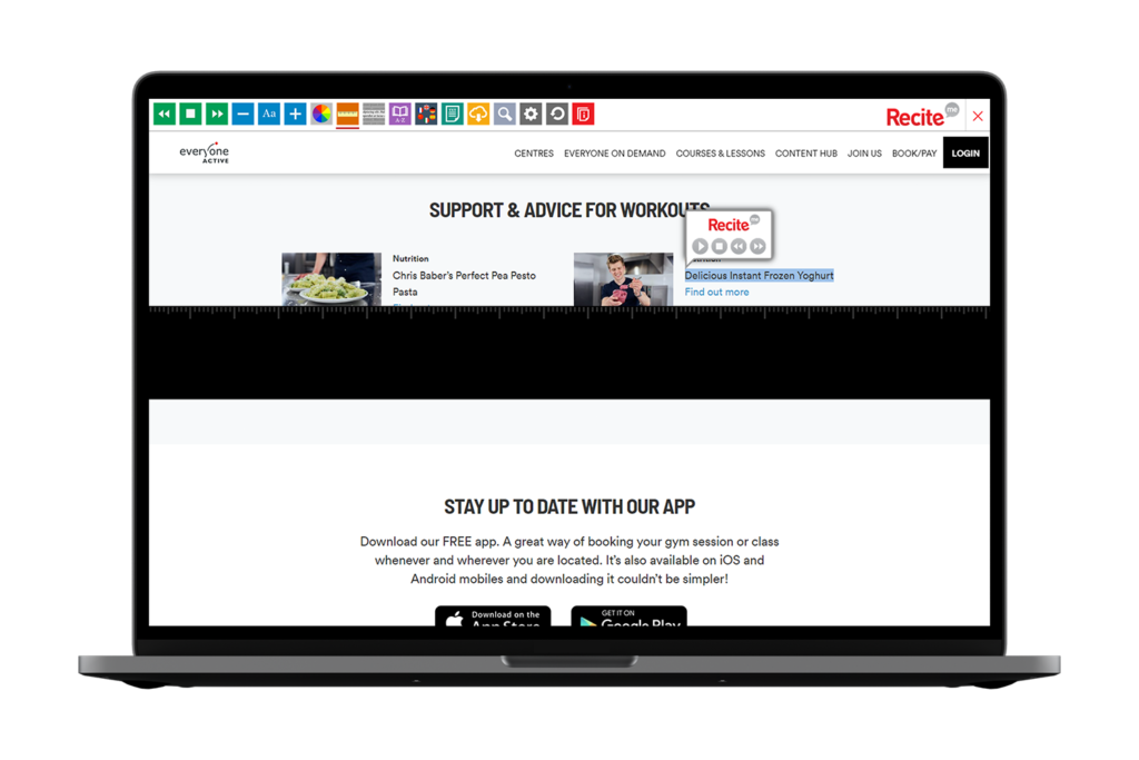 Laptop with Everyone Active website using the Recite Me assistive toolbar
