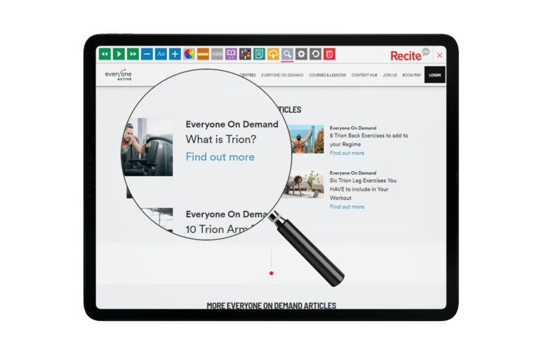 Tablet with Everyone Active website using the Recite Me assistive toolbar