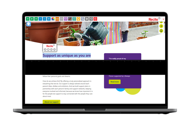 Laptop with Lifeways Logo website using the Recite Me assistive toolbar