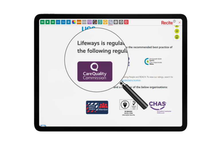 Tablet with Lifeways Logo website using the Recite Me assistive toolbar