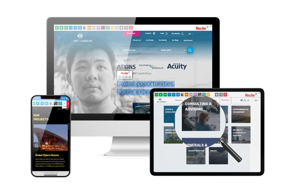 Desktop, mobile and tablet with SNC Lavalin website using the Recite Me assistive toolbar