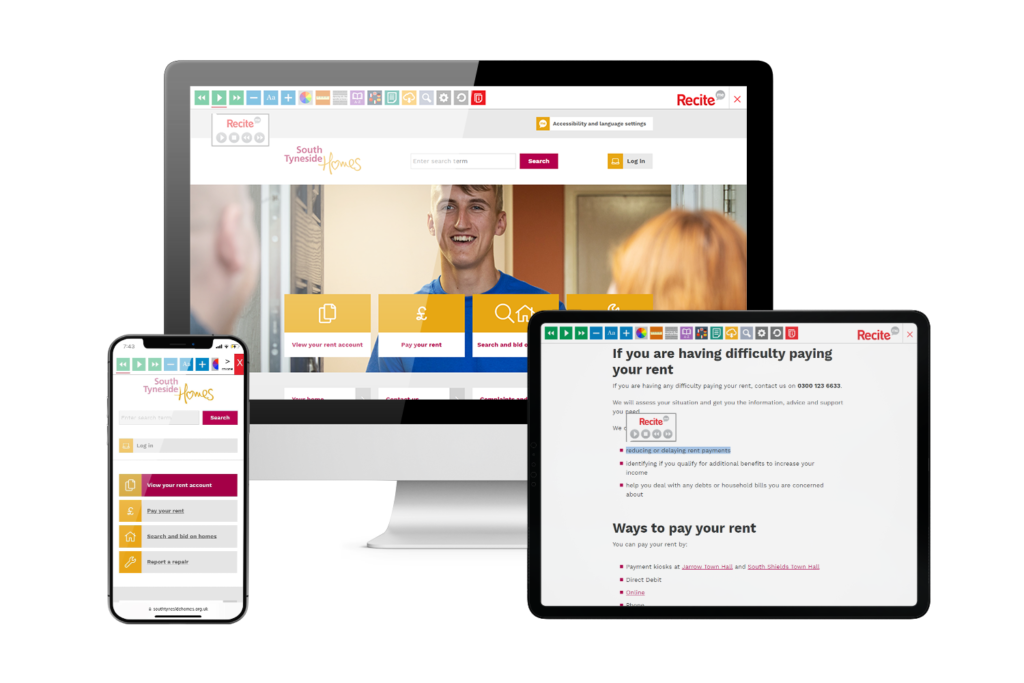 Desktop, mobile and tablet with South Tyneside Homes website using the Recite Me assistive toolbar