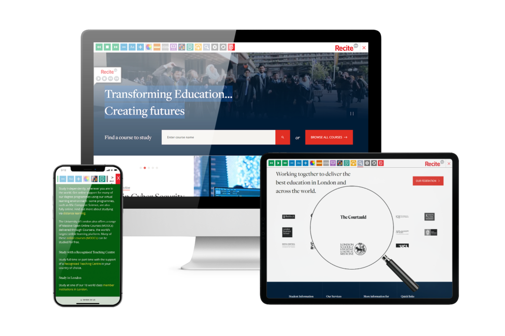Desktop, mobile and tablet with University of London website using the Recite Me assistive toolbar