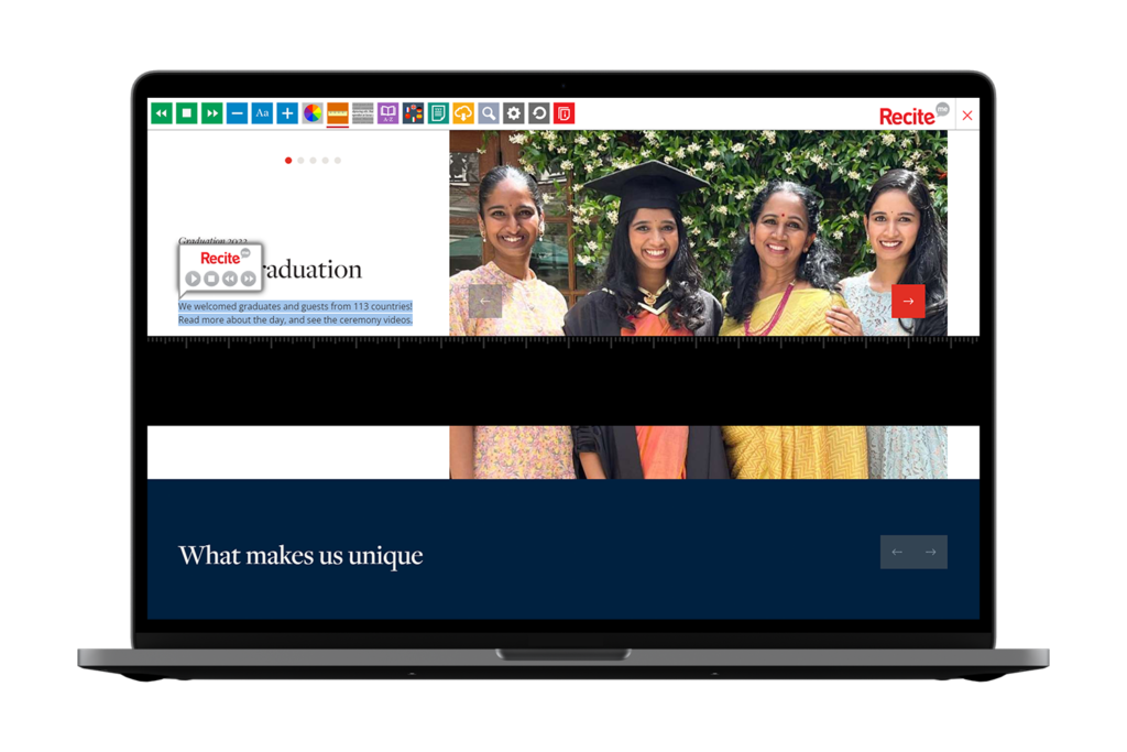 Laptop with University of London website using the Recite Me assistive toolbar