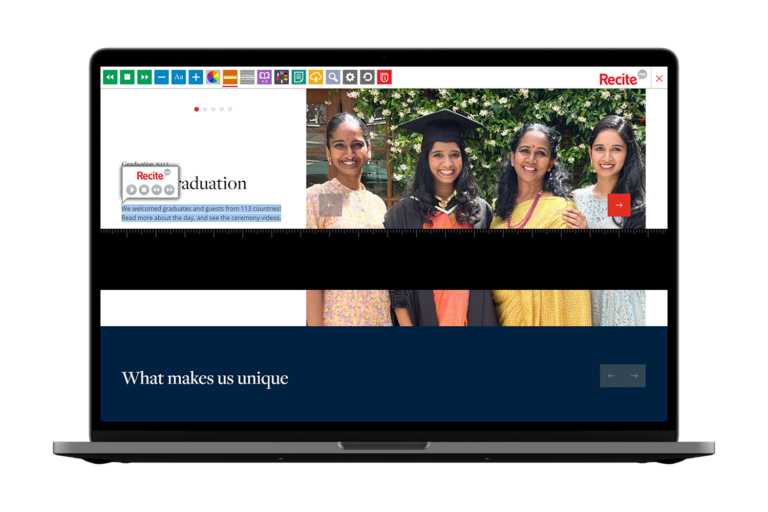 Laptop with University of London website using the Recite Me assistive toolbar