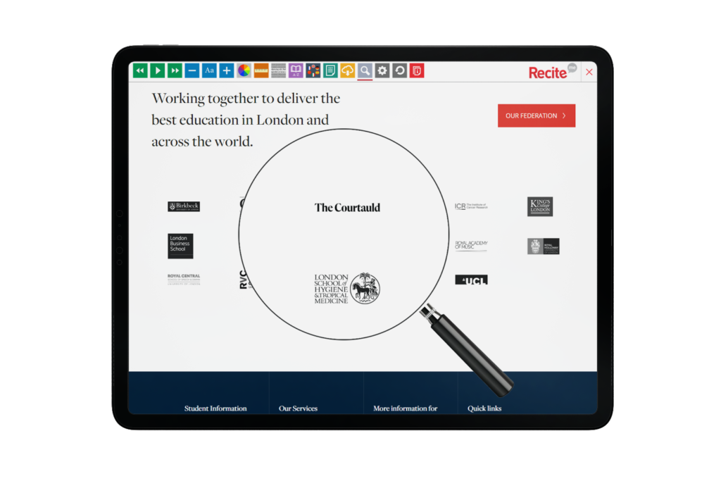 Tablet with University of London website using the Recite Me assistive toolbar