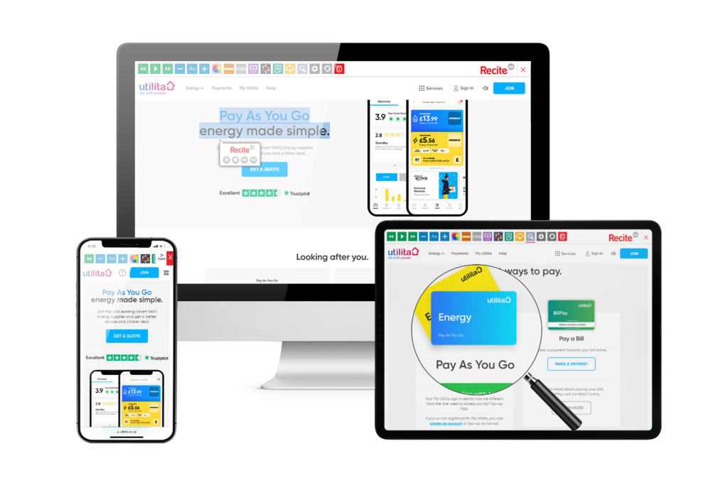 Desktop, mobile and tablet with Utilita website using the Recite Me assistive toolbar