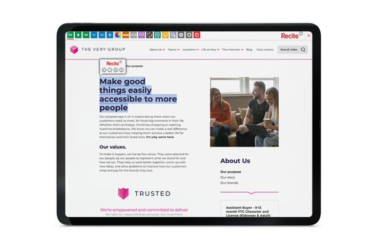 Tablet with Very website using the Recite Me assistive toolbar