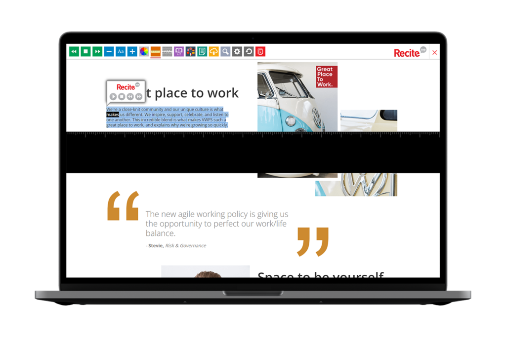 Laptop with Volkswagen website using the Recite Me assistive toolbar