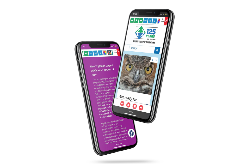 Mobiles with Audubon Society of Rhode Island website using the Recite Me assistive toolbar