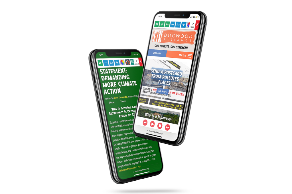 Mobiles with Dogwood Alliance website using the Recite Me assistive toolbar