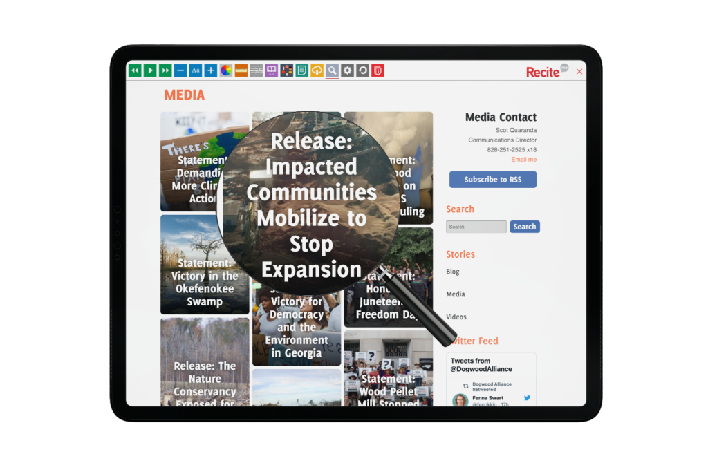 Tablet with Dogwood Alliance website using the Recite Me assistive toolbar