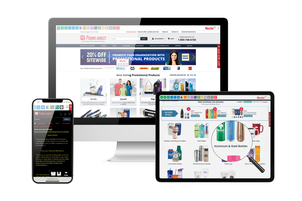 Desktop, mobile and tablet with Promo Direct website using the Recite Me assistive toolbar