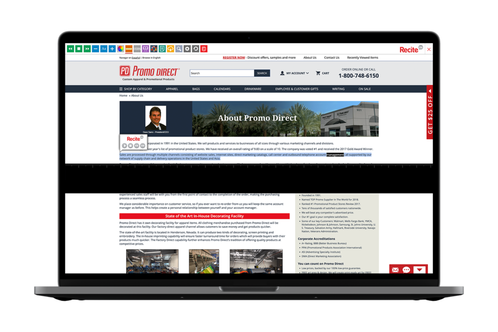 Laptop with Promo Direct website using the Recite Me assistive toolbar
