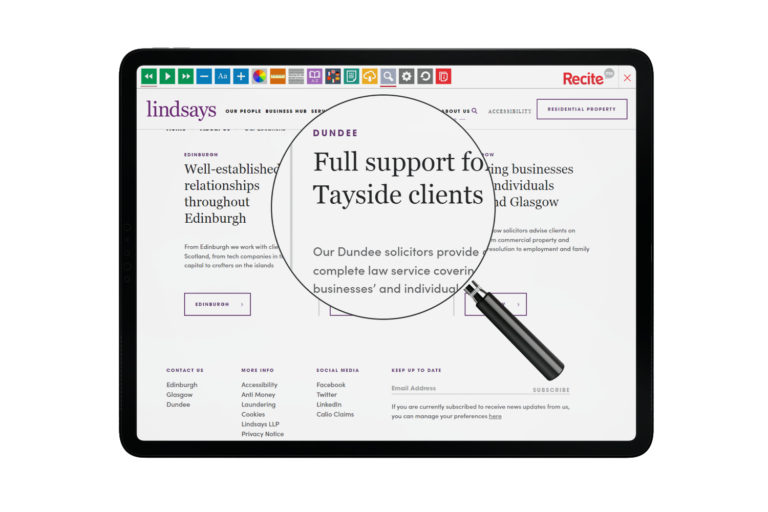 Tablet with Lindsays website using the Recite Me assistive toolbar